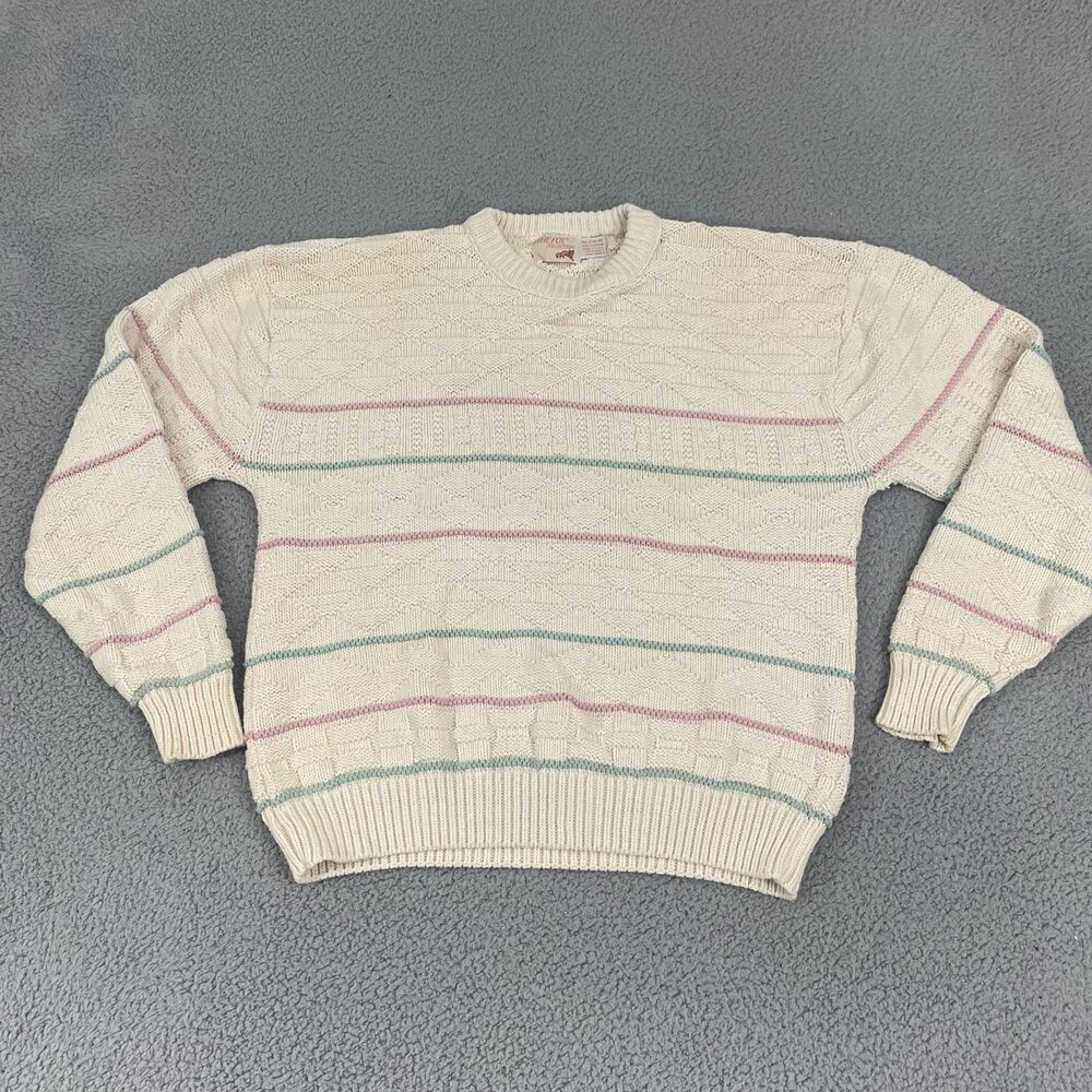 Vintage The Fox Collection Sweater Men LT Cream Pastel‎ Striped Knit Crewneck